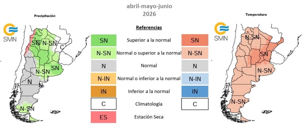 Mapa del pronóstico climático trimestral del SMN para Argentina mostrando temperaturas y lluvias previstas.
